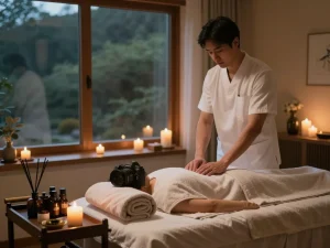 조명과 에센셜 오일이 어우러진 편안한 포항스웨디시 마사지 치료실.