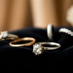 Stunning wedding rings including a diamond ring, showcased elegantly on velvet.