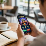 Engaged player using the king garuda138 app on smartphone in a vibrant café setting, highlighting mobile gaming excitement.