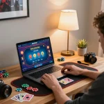 Engaging in online casinos Canada gaming session at home with lively interface and poker chips visible