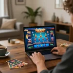 Engaging in online 92slot gameplay from a cozy home environment with a laptop and coffee