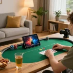 TG88 user enjoying a poker game on a tablet in a cozy home setting.