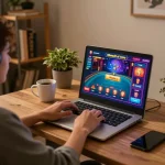 Engaging in an online demo gaming session, showcasing vibrant interface and cozy home setting.