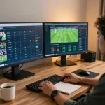 Kèo nhà cái sports betting in a home office, showing live odds analysis.
