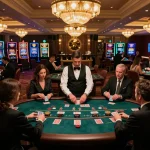 Players engage at a luxurious baccarat table in the vibrant W188 com casino atmosphere