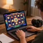 Player enjoying rr88 online casino slots with strategy notes in a cozy home setting.