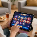 Player enjoying dynamic slot77 gameplay on tablet in cozy home setting.