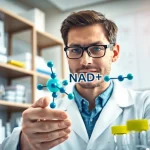 NAD+ molecule prominently illustrated with a researcher in a lab analyzing it.