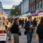 Best things to do in London featuring a vibrant street market with young adults enjoying food and art.