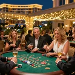 Guests strategizing around the casino terrace during a lively game night with depo 1k bets.