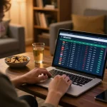 Okwintv user placing sports bets on a laptop in a cozy home setting, showcasing engagement with live scores.
