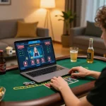 Engaging in a live dealer Baccarat game with EE88 on a laptop, showcasing a cozy home gaming setup.