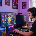 Engaged player on popotogel enjoying an exciting slot game in a vibrant gaming room.