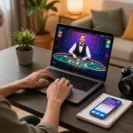 Engaging in open88 online gaming, player enjoying live dealer game at home with strategic notes.