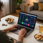 tv88 player analyzing sports betting data on a laptop, showcasing an engaging at-home gambling atmosphere