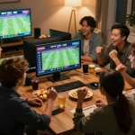 Friends enjoying live sports betting at home on BK8 platform with exciting matches on multiple screens.