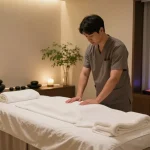 포항스웨디시 massage therapy room with calming ambiance, skilled therapist preparing for session.