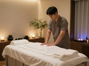 포항스웨디시 massage therapy room with calming ambiance, skilled therapist preparing for session.