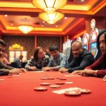 Permainan Poker menarik di Pakde4D dengan suasana kasino yang hidup dan penuh warna.