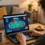 Engaging player at home using nhà cái 8xbet for an online poker game, showcasing a comfortable setting.