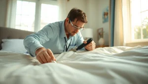 Inspecting bed bugs with professionals from the bed bug company near me in a cozy bedroom.