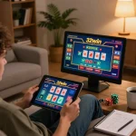 Player enjoying 32win live dealer games on a tablet in a cozy home setting.