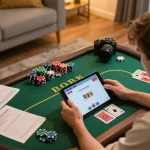 Player engaging in online poker at hytw3339 com with strategic notes and tablet interface.