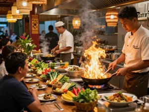88Pulsa restaurant scene with chefs expertly preparing Asian and Thai cuisine during a busy dinner rush.