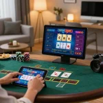 Player engaging with g28 online casino games on a tablet amid a cozy home office setting, focusing on strategy.