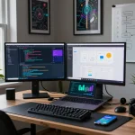 Developer optimizing Moltbot mac setup in a modern workspace with coding interfaces and tech gadgets.