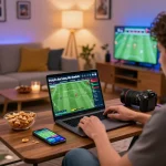 Enjoying trực tiếp bóng đá okwintv online sports betting at home with snacks and cozy lighting.