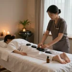 Serene 삼성동마사지 spa room setup with soothing ambiance and professional therapist preparing.