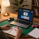 Engaged player using fb88 for online poker sessions, analyzing strategies with notes