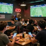 Live football action on large screens at a bustling sports bar, highlighting trực tiếp bóng đá okwintv.