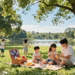 Family applying the best mosquito repellent at a summer picnic in a park.