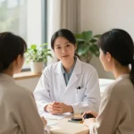 Consultation at 수원한의원 with patient in a calming wellness clinic.