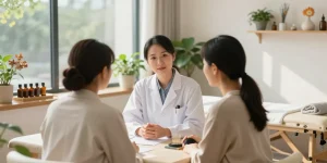 Consultation at 수원한의원 with patient in a calming wellness clinic.