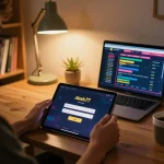 Engaging with alexis77 login on a tablet at home, demonstrating online gambling strategies and comfort.