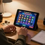 Engaging gameplay on a situs slot on tablet in a cozy home setting reflects modern online gambling.