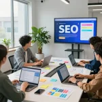 Team brainstorming SEO strategies in a vibrant office, representing the Best SEO Company NYC.