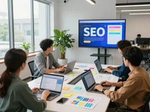 Team brainstorming SEO strategies in a vibrant office, representing the Best SEO Company NYC.