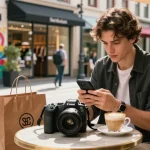 Stylish young man exploring a replica handbag on his smartphone at an urban café.