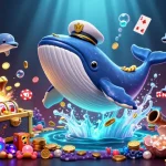 Engage with rokok88's vibrant casino adventure featuring playful whales and poker chips.