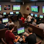 bóng đá lu enthusiasts cheering for their favorite teams in an energetic sports betting lounge, vibrant atmosphere.