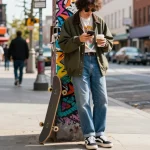 Trendy individual in urban fashion browsing smartphone on city street with storefronts and graffiti art, showcasing lifestyle elements.