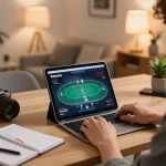 Player enjoying sites not on gamstop on a tablet, cozy home gaming atmosphere, strategic betting notes visible
