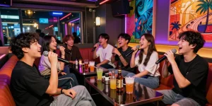 Exciting 제주유흥 karaoke night scene filled with laughter, neon lights, and friends enjoying drinks.
