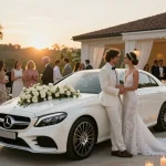 Thuê một chiếc xe Mercedes cưới cho một buổi lễ trang nhã với trang trí hoa và phông nền đẹp mắt.