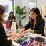 Engaged customer selecting elegant jewelry, click over here now for exclusive offers.