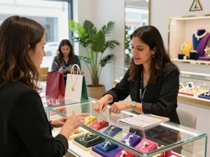 Engaged customer selecting elegant jewelry, click over here now for exclusive offers.